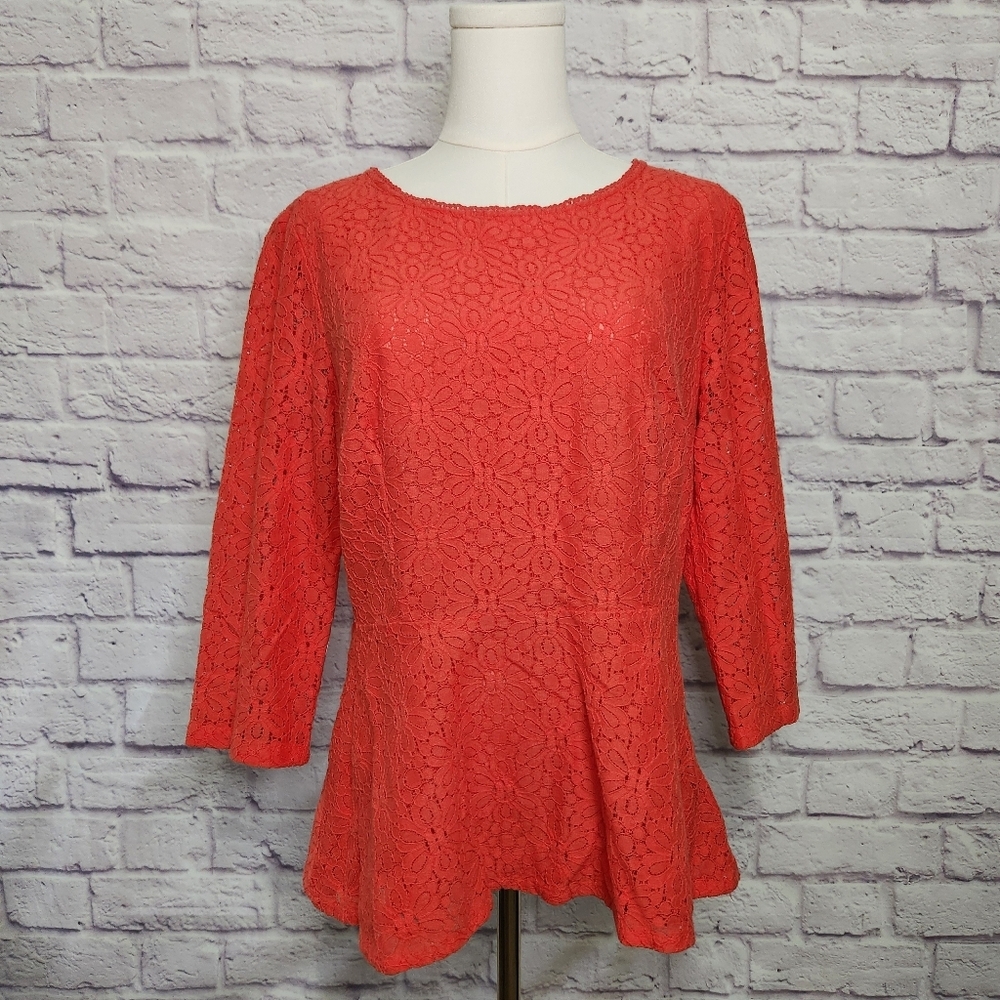ANTHROPOLOGIE Moulinette Soeurs Lace Peplum Top Red Sz 12 | Romantic Fit & Flare